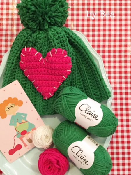 Materialset - Mini Maschenpäckchen für Mütze mit Herz grün/pink