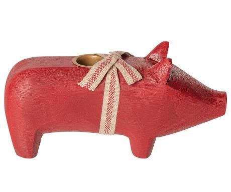Schwein von Maileg - Mit Kerzenhalter aus Holz in rot (medium)