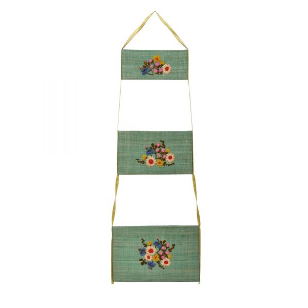 Hängeaufbewahrung 3er Set RAFFIA in grün mit Blumenstickerei von Rice
